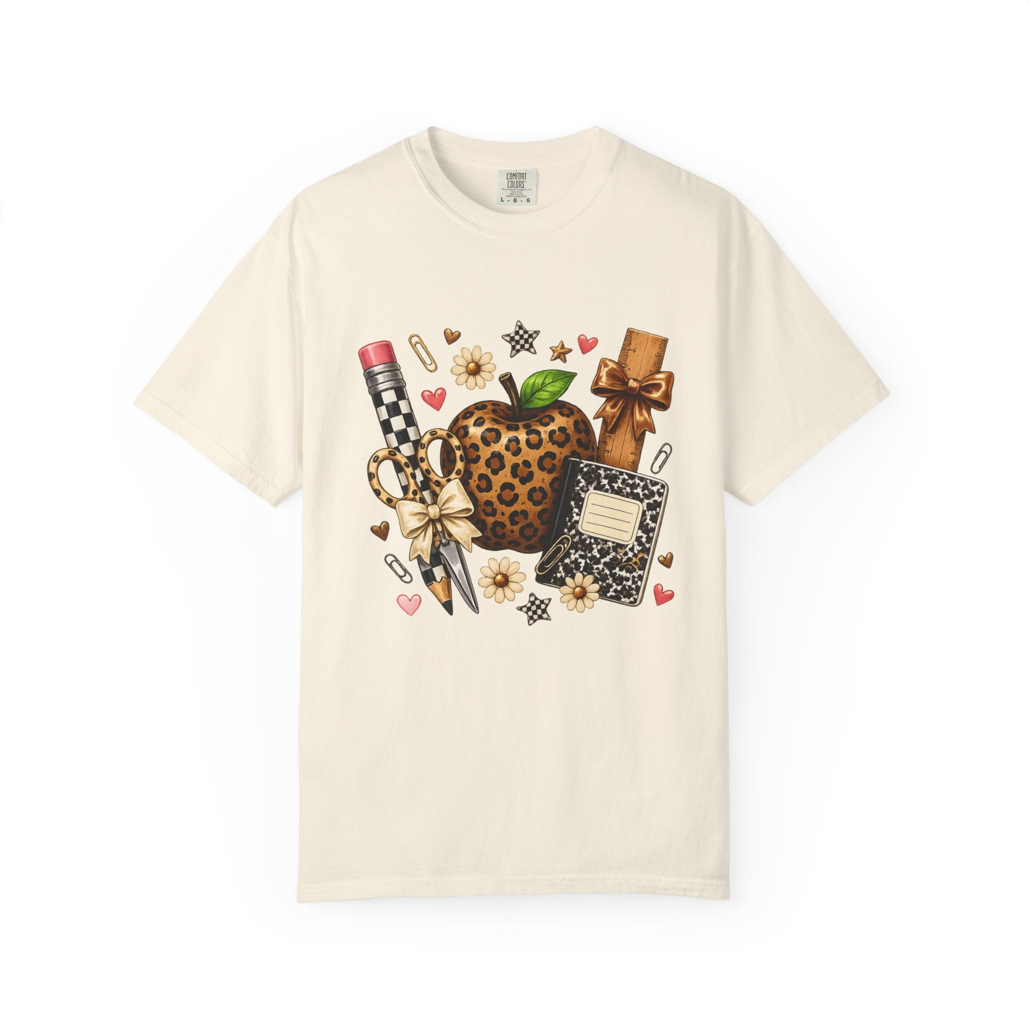Leopard Apple Teacher Gifts T-Shirt — School Supplies Graphic Tee