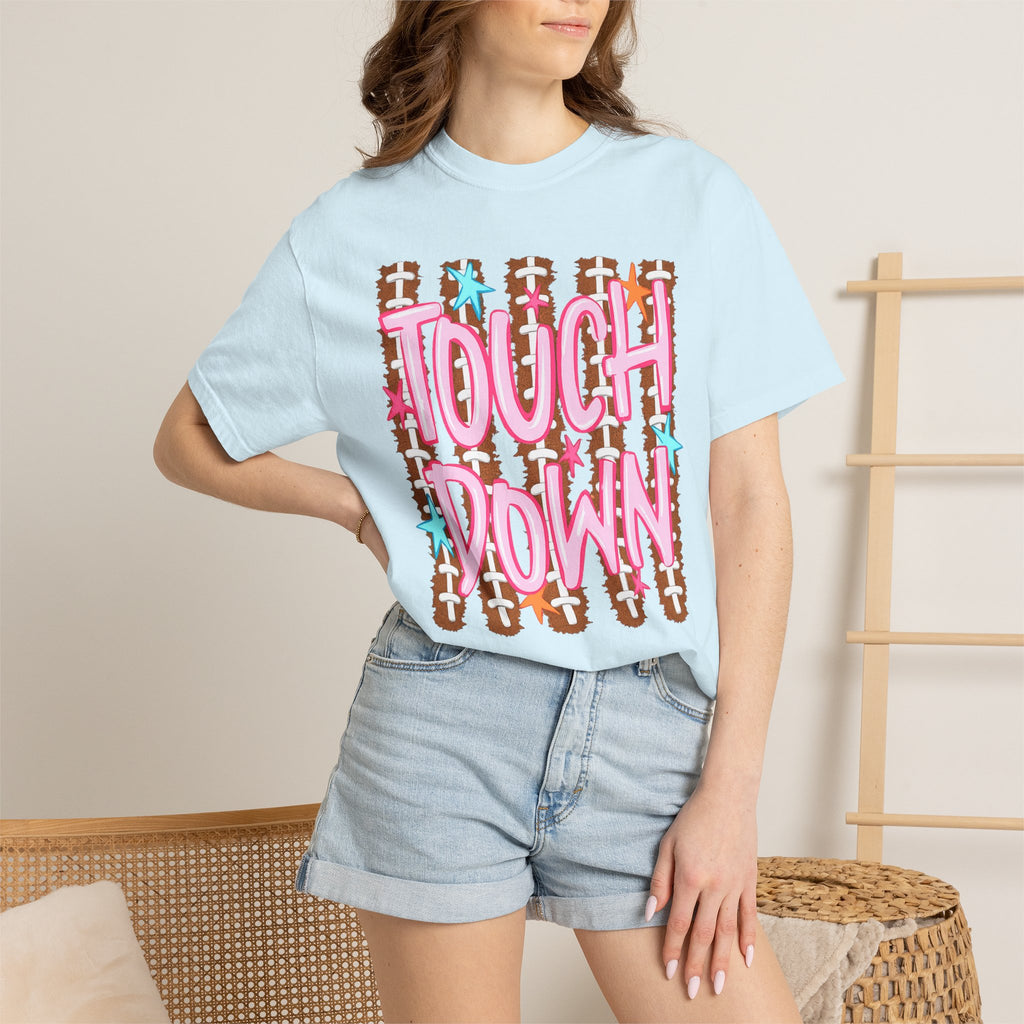 Touchdown Football Graphic T-Shirt — Retro Pink Script & Football Field Design