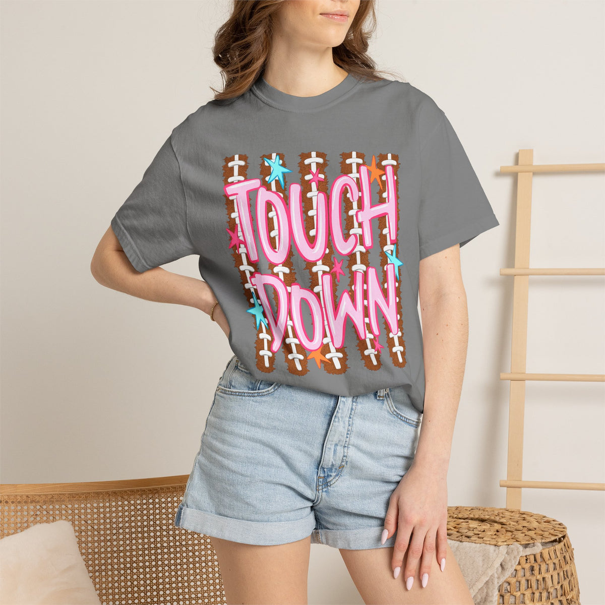 Touchdown Football Graphic T-Shirt — Retro Pink Script & Football Field Design