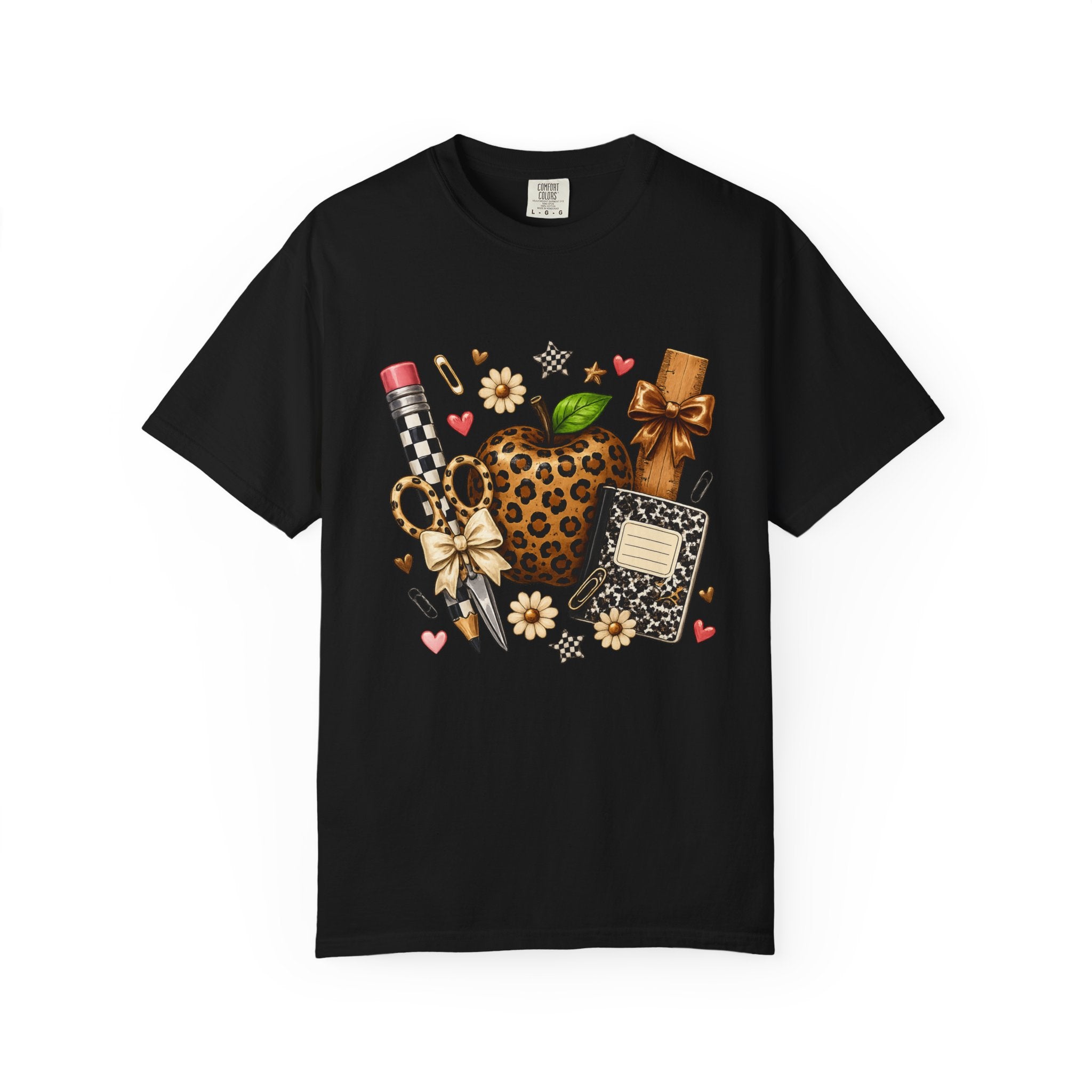 Leopard Apple Teacher Gifts T-Shirt — School Supplies Graphic Tee