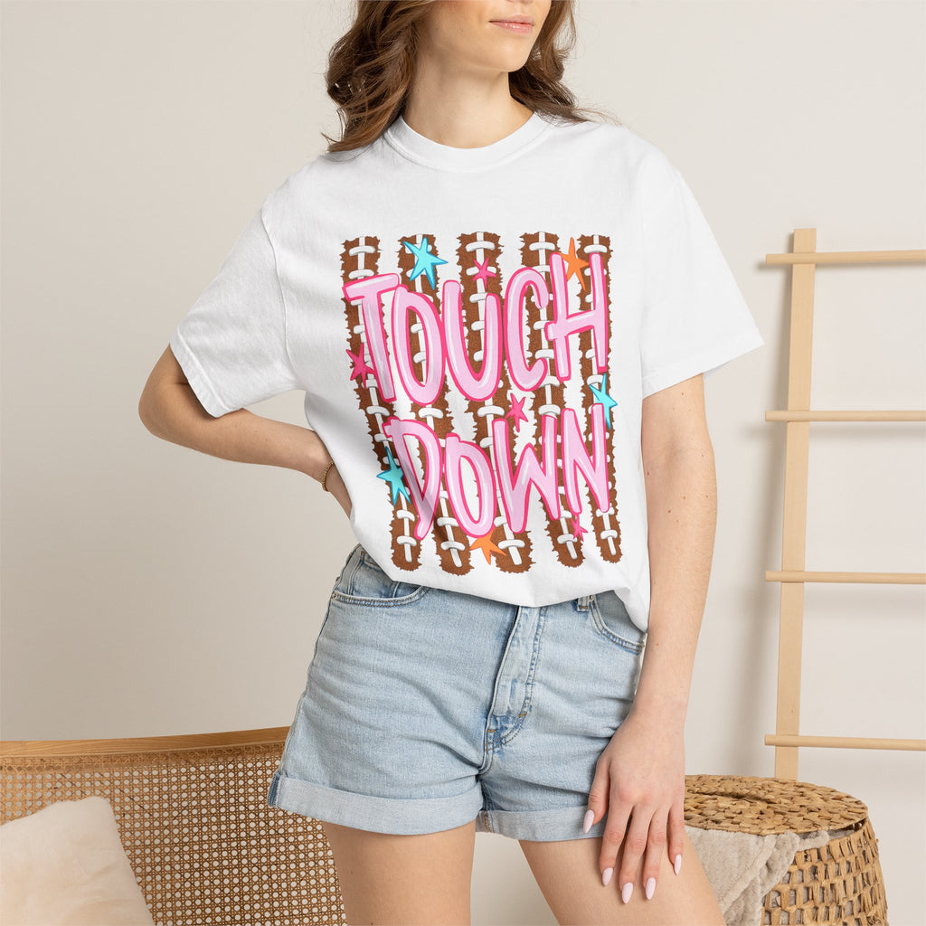 Touchdown Football Graphic T-Shirt — Retro Pink Script & Football Field Design